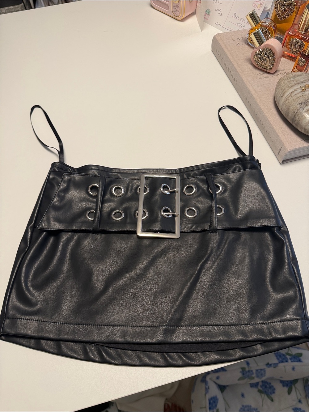 superdown Black Faux Leather Mini Skirt with Grommet Belt